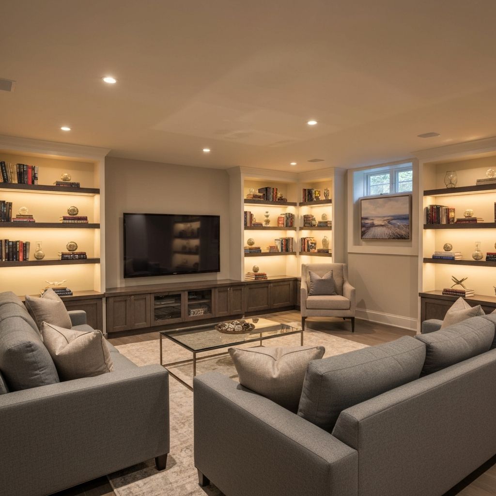 Finished basement entertainment area